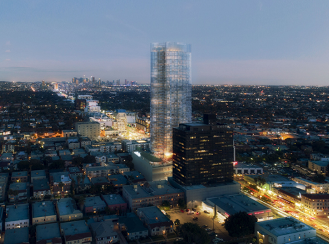 Rendering of Mirabel a 50 Story Highrise in Los Angeles, CA featuring AUTOParkit and AUTOChargit Automated Solutions